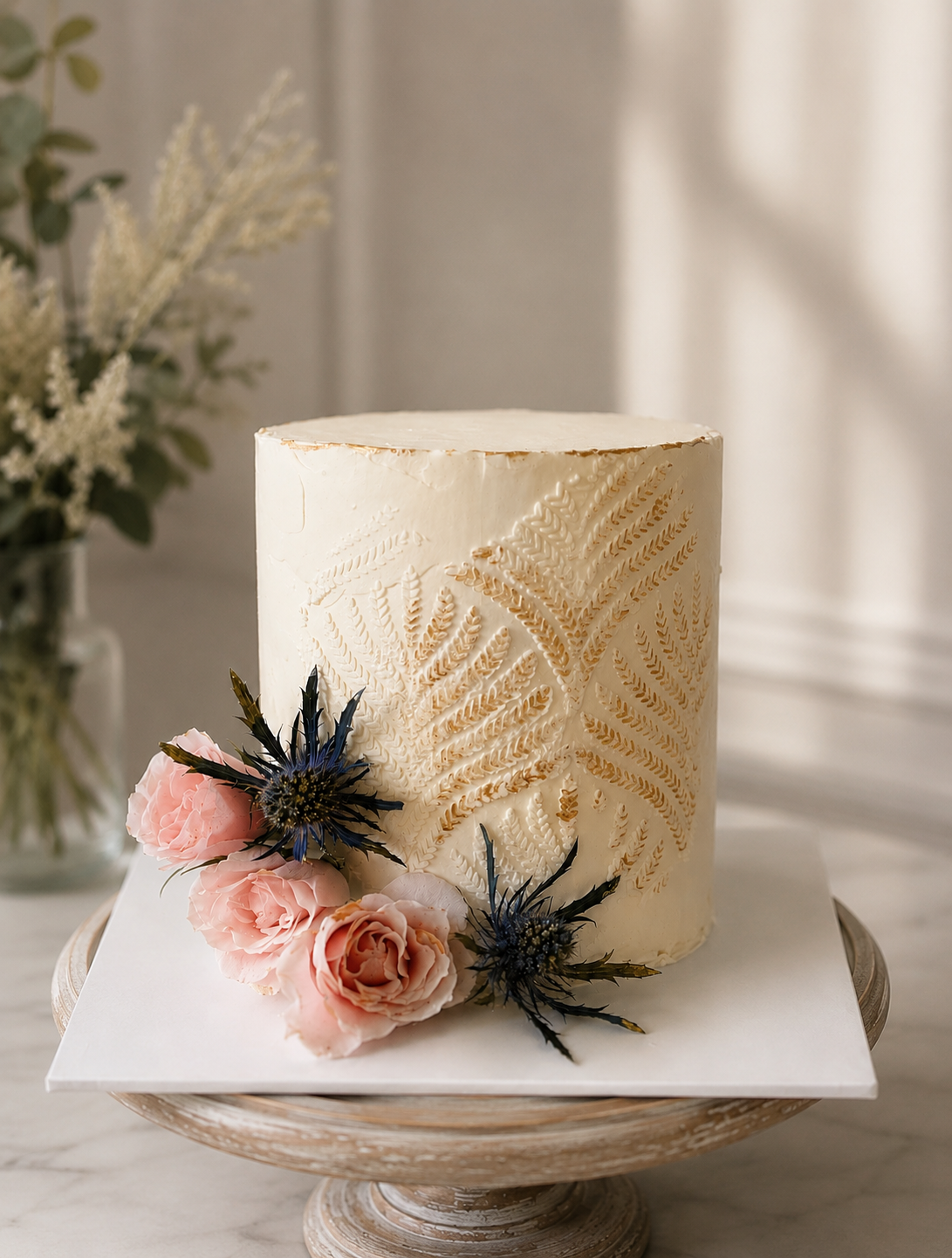 Botanical stencil celebration cake with flowers