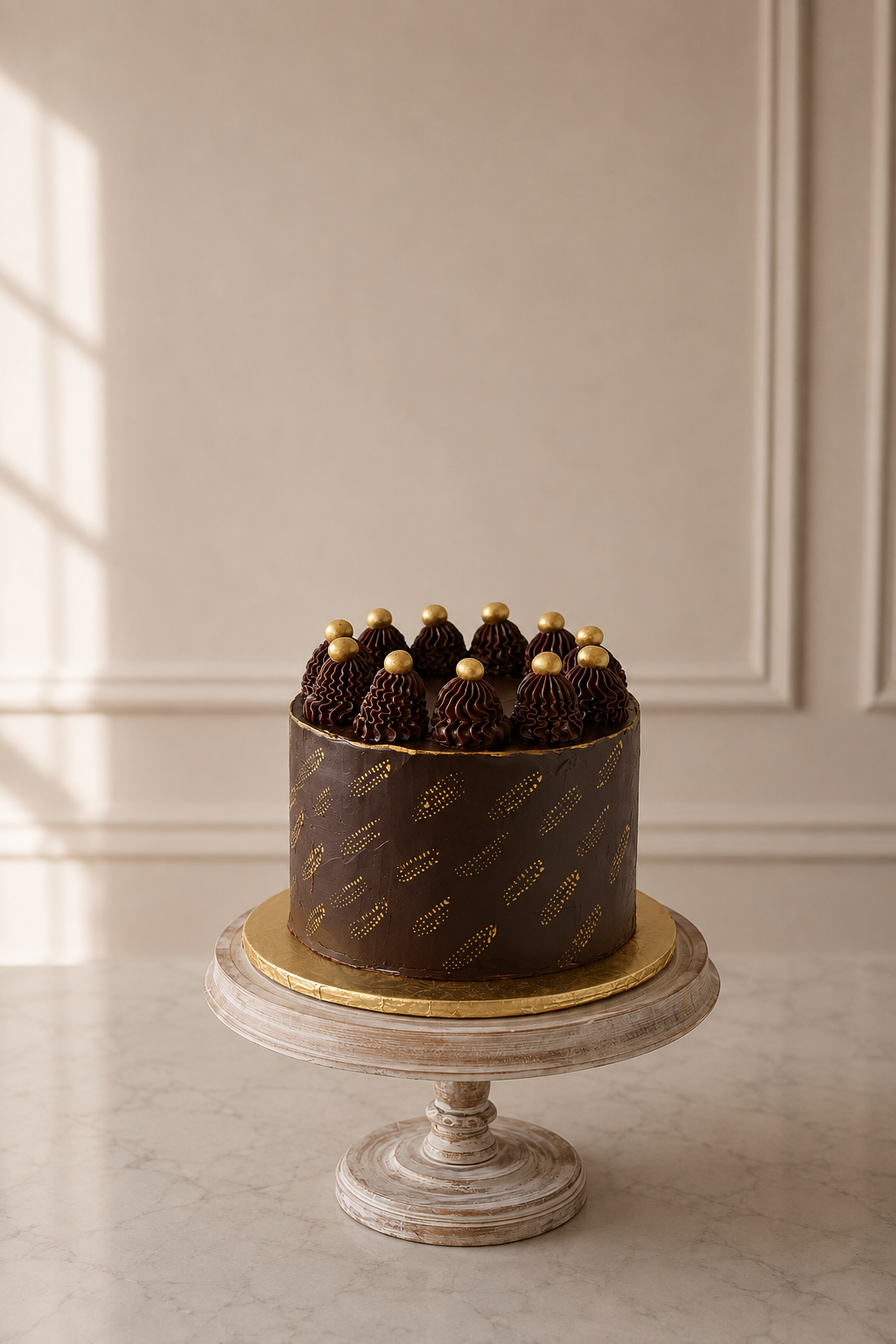 Ganache celebration cake with gold accents