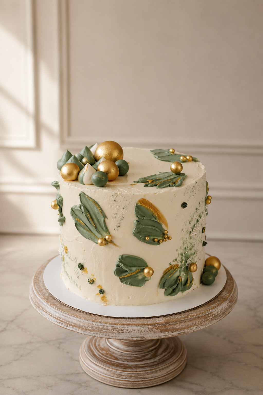 Celebration cake with sage green petal details and gold accents