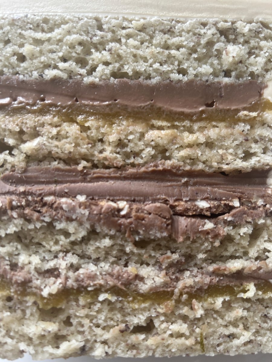 Layers of hazelnut cake with milk chocolate ganache