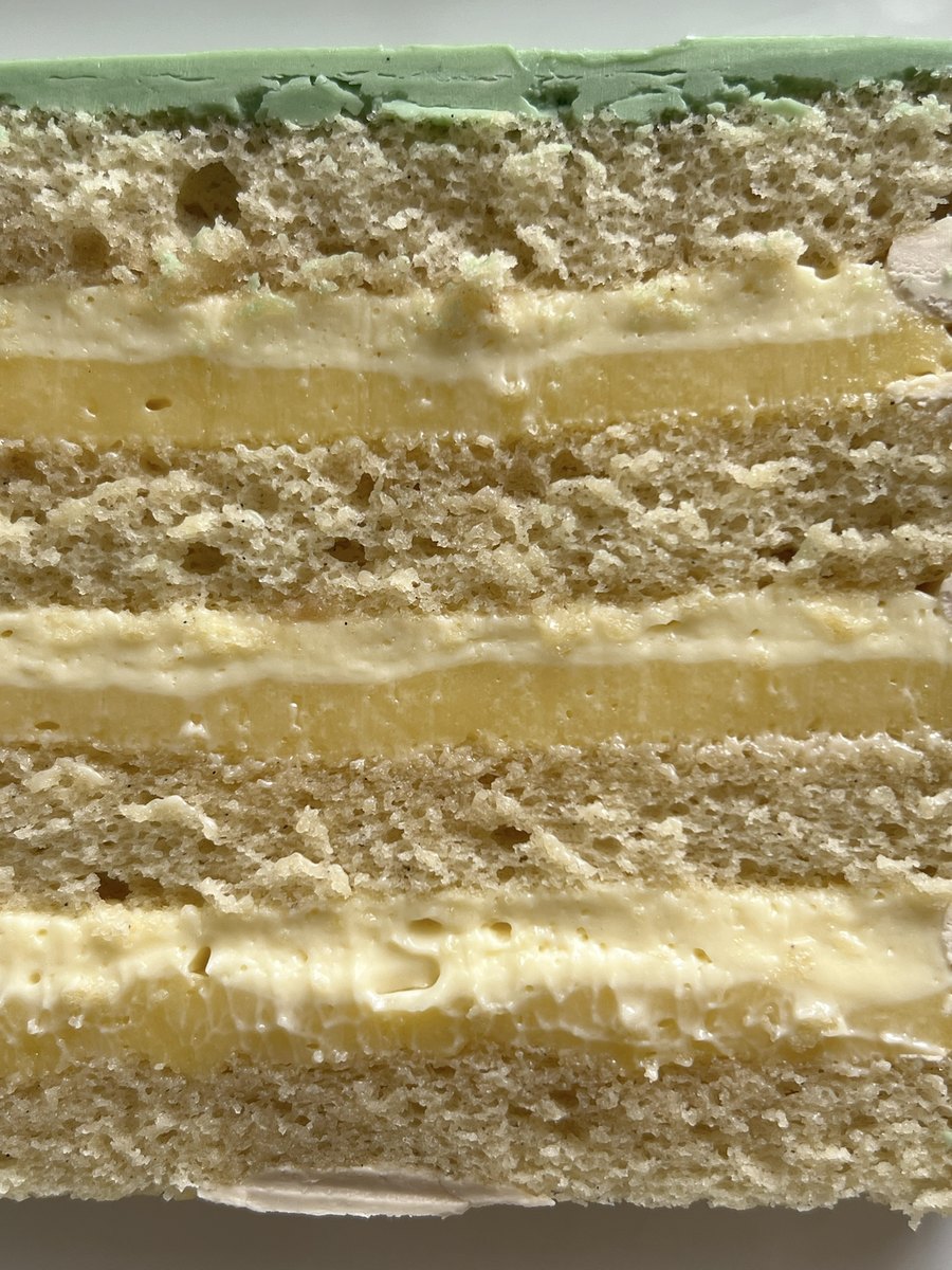 Layers of lemon basil cake with vanilla sponge and white chocolate cremeux