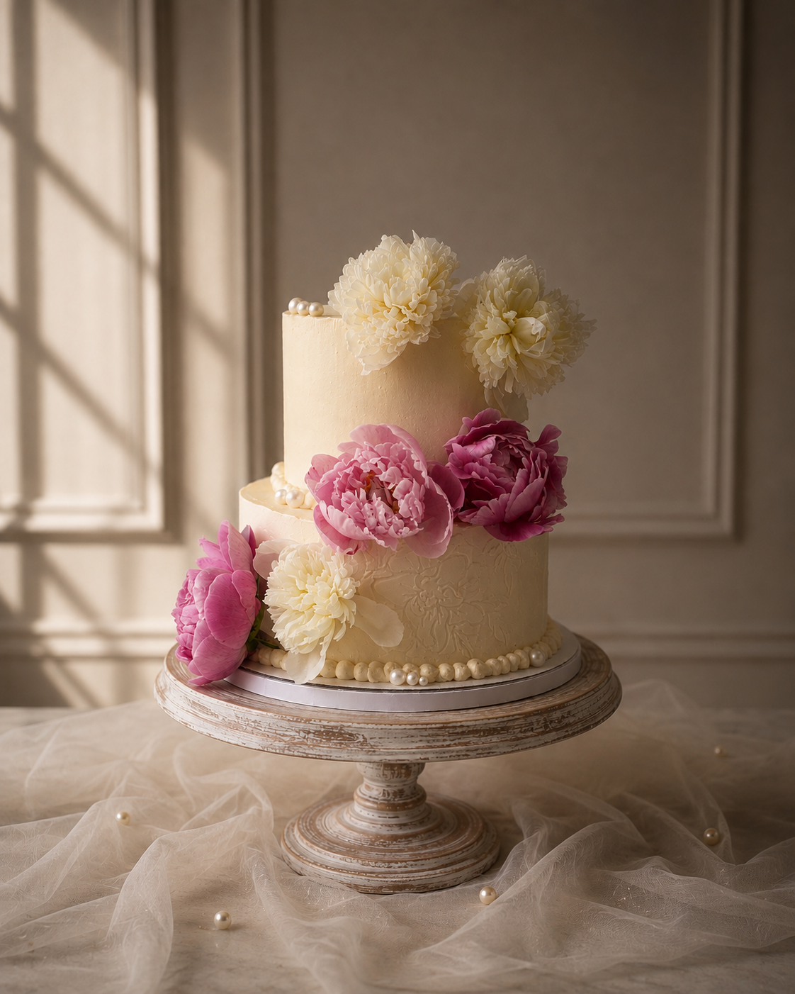 Two-tier floral cake with pink and white flowers