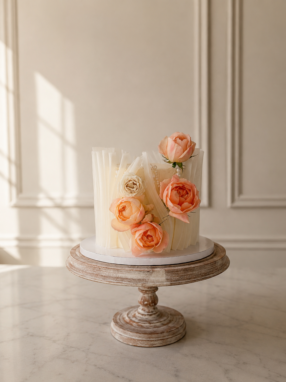 Wafer paper cake with peach roses