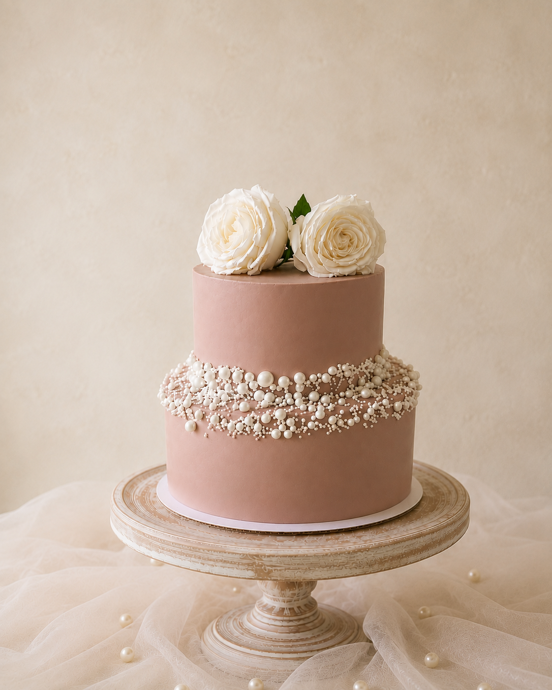Blush celebration cake with pearl details and white roses