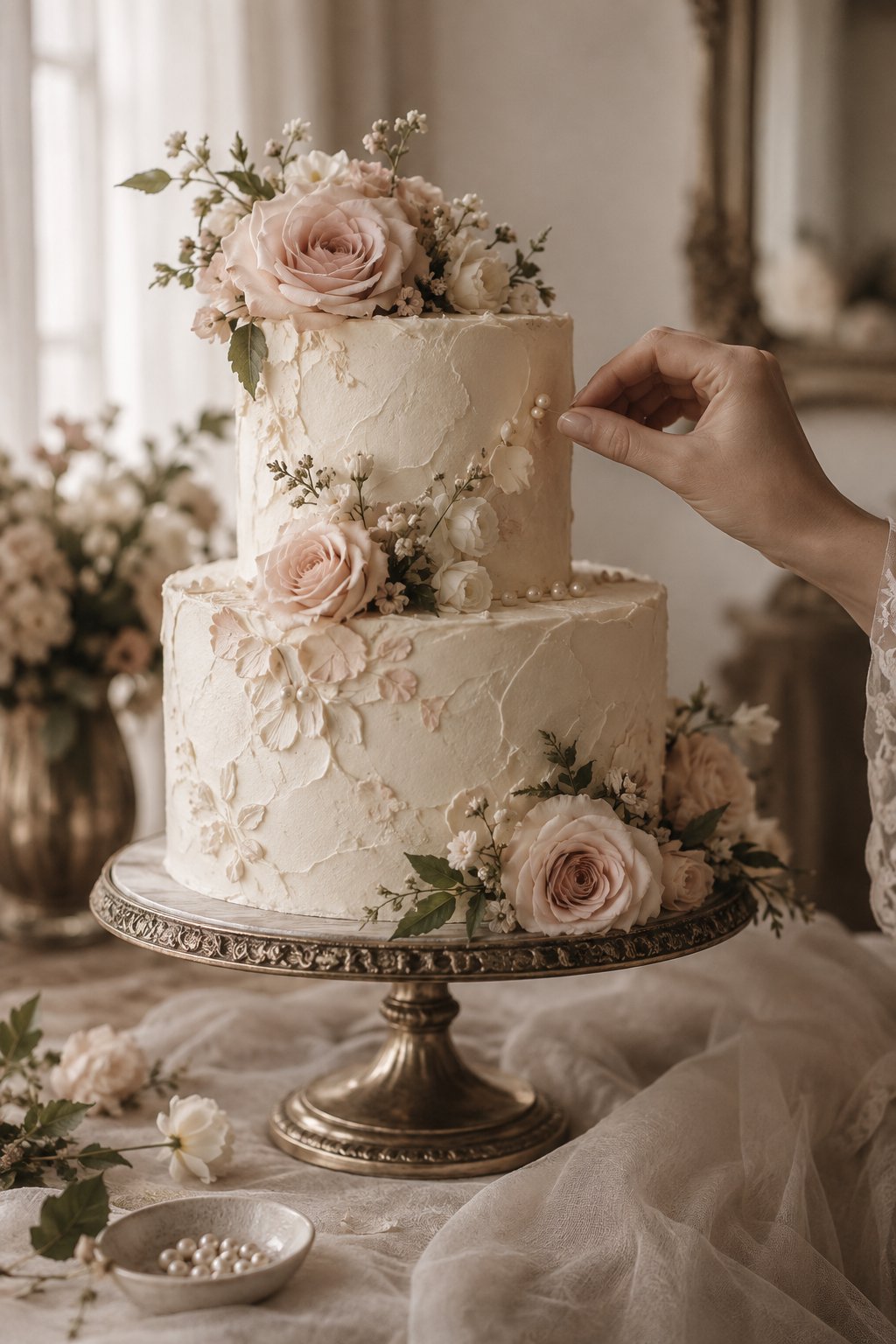 Floral wedding cake being finished by hand with pearl details