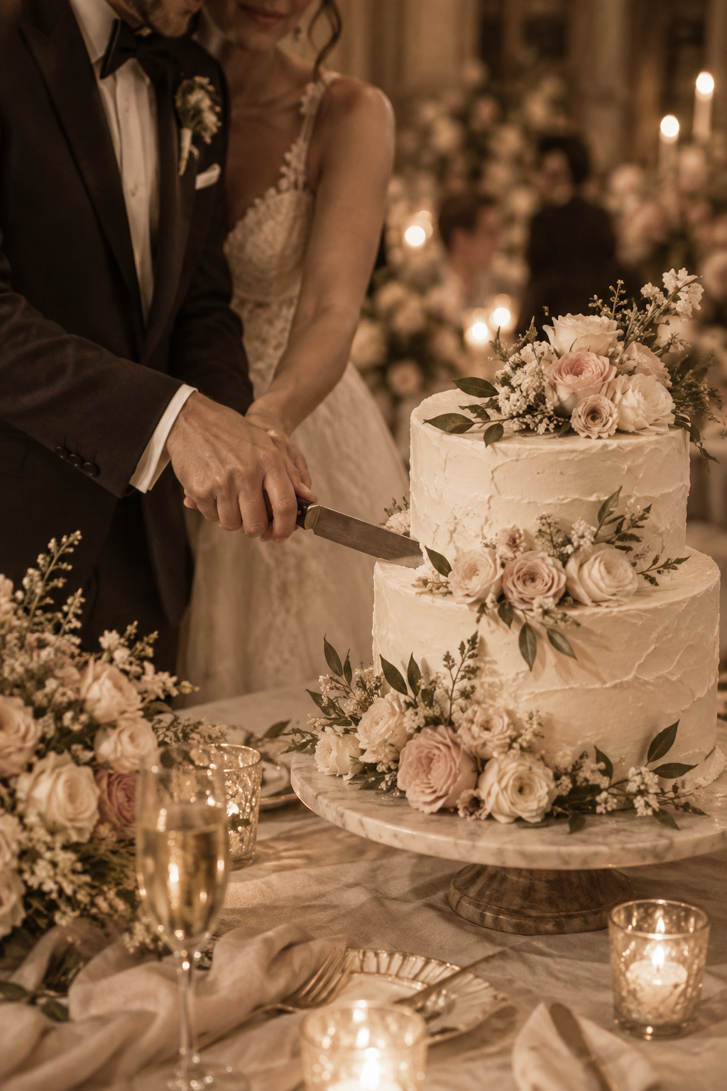 Couple cutting a romantic floral wedding cake