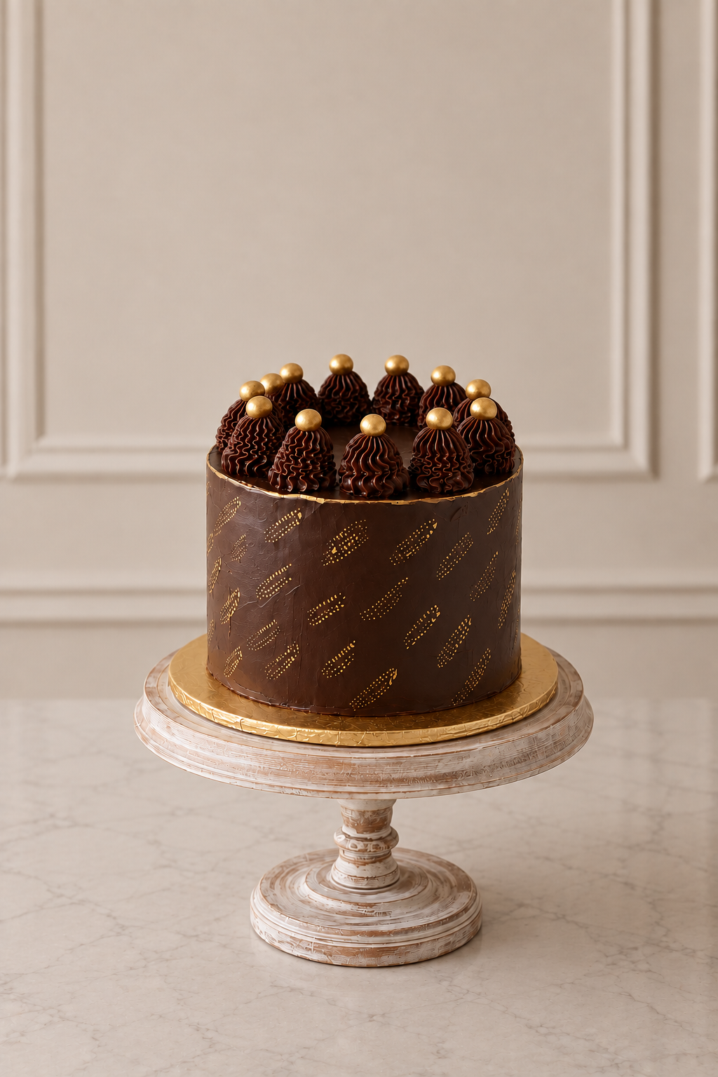 Ganache celebration cake with gold accents