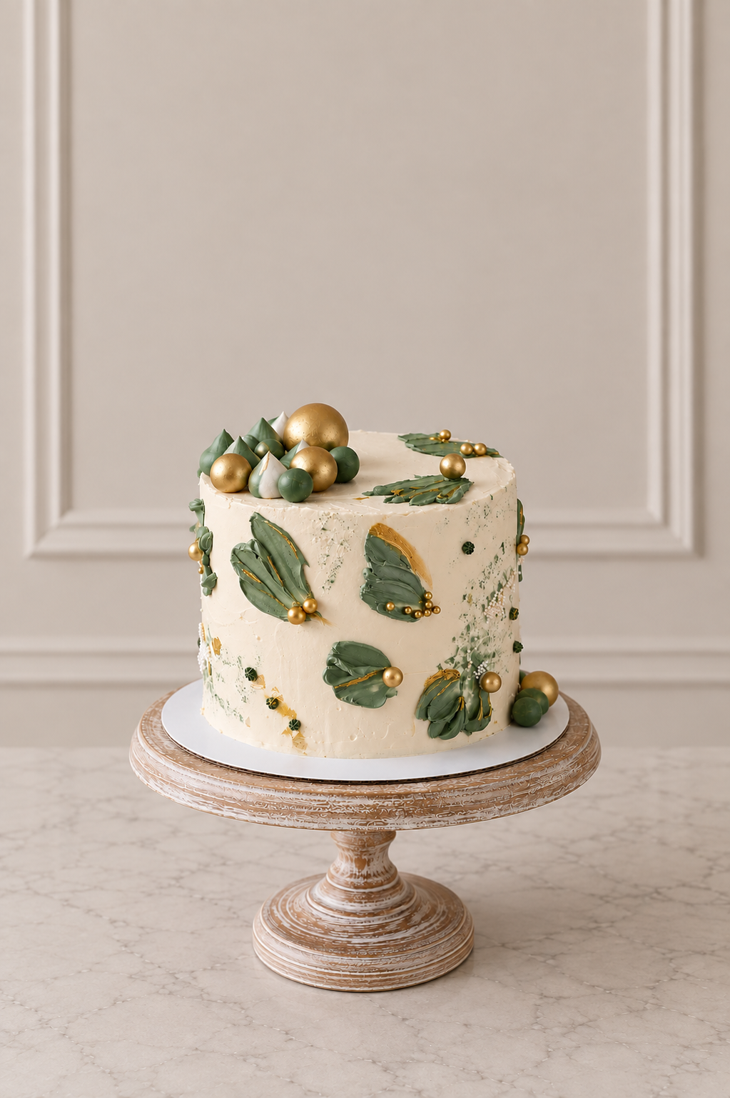 Celebration cake with sage green petal details and gold accents