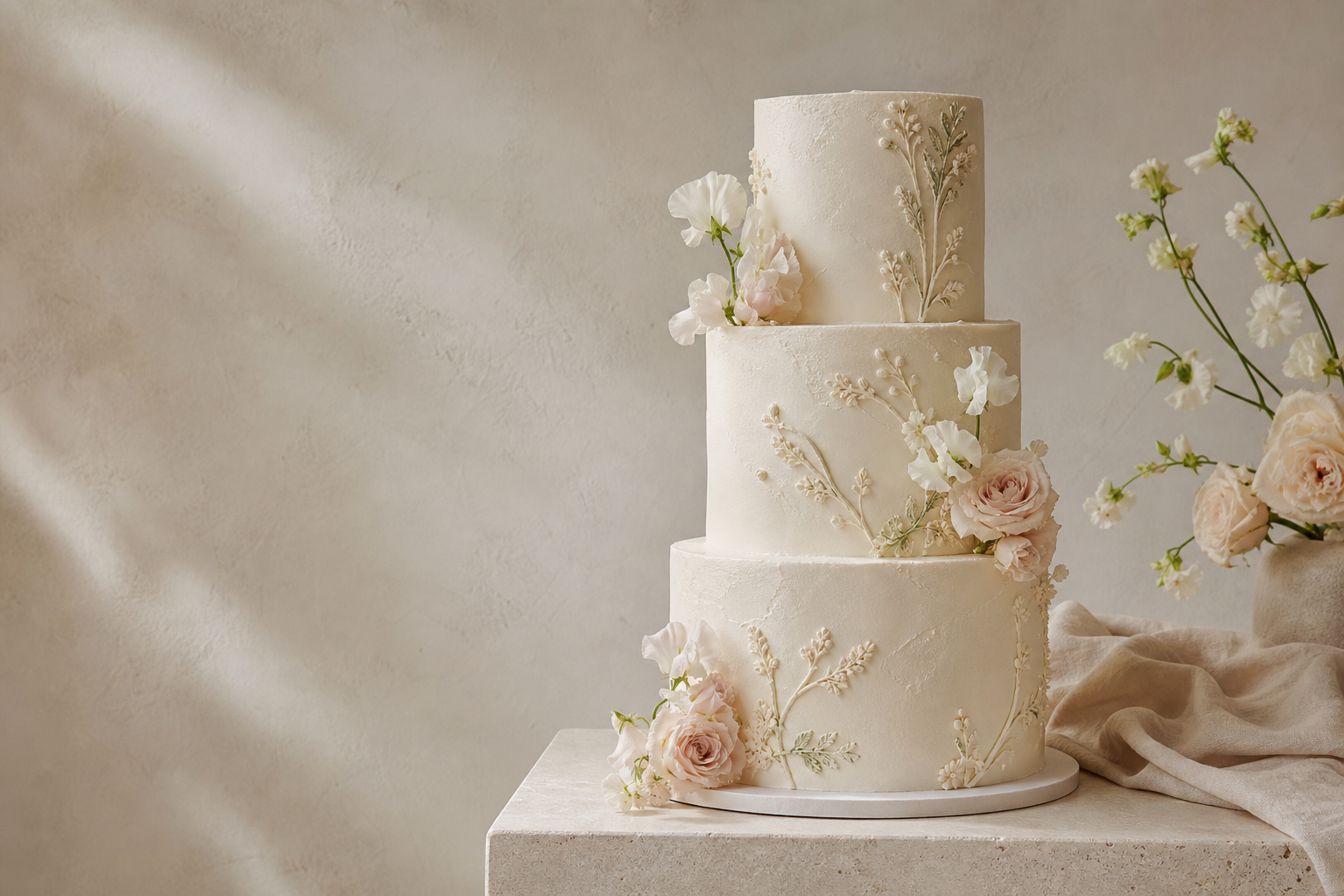 Elegant three-tier wedding cake with botanical details